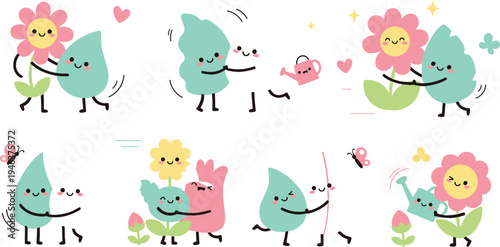 Cute kawaii flower and leaf characters set with gardening and nature scenes, adorable cartoon plant friends for kids design and stickers