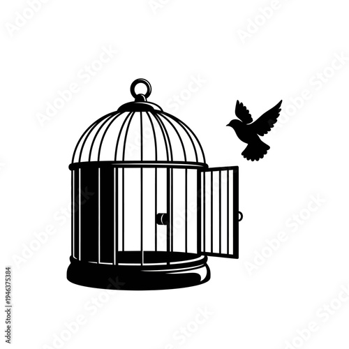 Bird flying out of cage door.