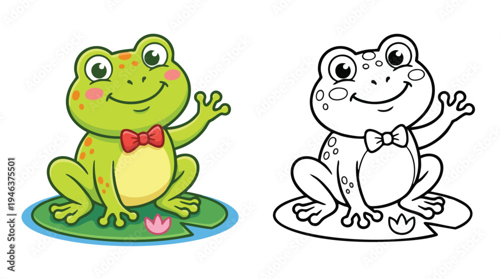 Fototapeta premium Coloring Book Page Cute Frog Waving on Lily Pad