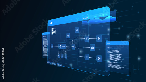 AI workflow automation artificial intelligence. ai agent workflow diagram dashboard machine learning architecture data processing flow, coding panels, analytics and automation system.