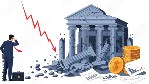 Businessman looking at falling graph beside destroyed bank building with coins and papers