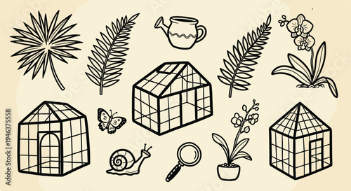 Doodle Greenhouse Plants Butterfly Snail Magnifying Glass Watering Can and Tropical Leaves Set