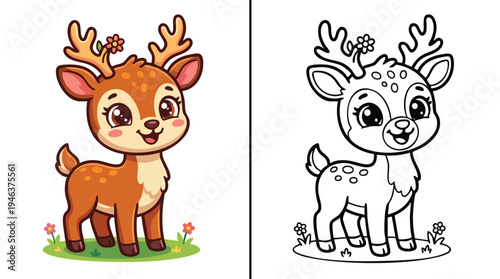 Cute Baby Deer Coloring Book Page