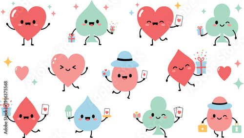 Cute kawaii playing card suit characters set with hearts, diamonds, spades and clubs, adorable casino themed cartoon icons collection