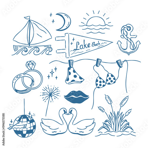 Love on the lake bachelorette doodle set with sailboat, wedding ring, swans, and bikini in blue line art.