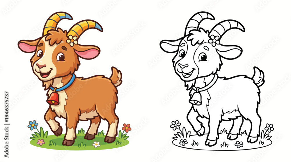 Fototapeta premium Little Goat Illustration with Coloring Page