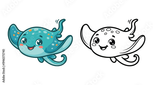 Cute Cartoon Manta Ray Underwater Animal Coloring Page Vector