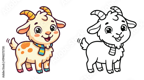 Cute Baby Goat Wearing Scarf Cartoon Character Coloring Page