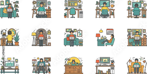 Various people working in office settings with computers and furniture