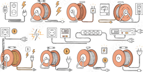 Electrical cable reel and power extension set with sockets, plugs, meters and wires, electrician equipment icons collection for electricity and wiring design