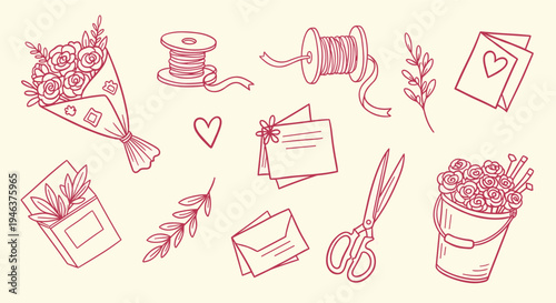 Hand drawn floral elements and stationery for crafting and gift wrapping