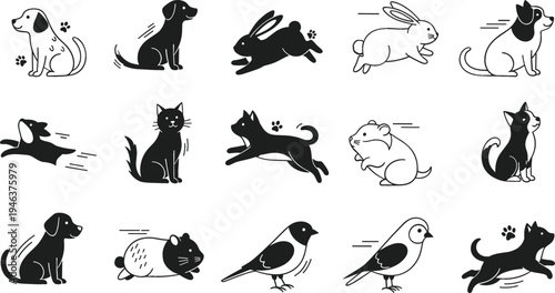 Pet and small animal silhouette set with dog, cat, rabbit, hamster and birds in playful poses, minimal black animal icons collection