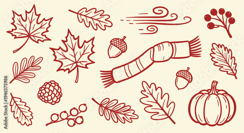 Autumn season elements collection hand drawn sketch style isolated on beige background