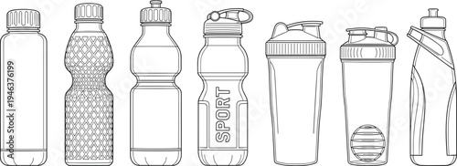 Set of black and white line art vector illustrations featuring various reusable plastic sports water bottles and protein shaker bottles for fitness