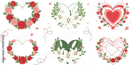 Romantic floral heart frames set with roses and lilies, elegant love wreaths and botanical decorations for wedding, Valentine and greeting design
