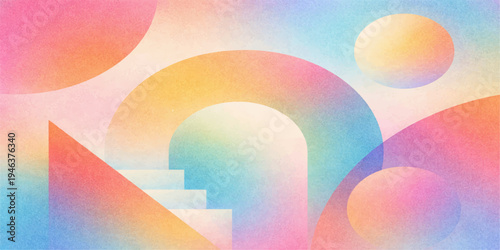 Colorful vector illustration of a bright spectrum rainbow over a city skyline with a circular sun and light blue sky backdrop design