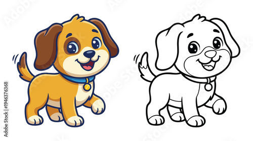Cute Little Puppy Waving Wagging Tail Coloring Book Page