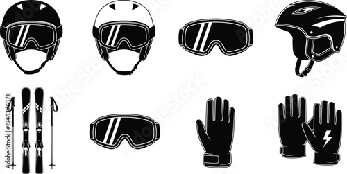 Set of black and white winter sports equipment icons featuring ski helmets, goggles, gloves, and skis for mountain vacation and fitness