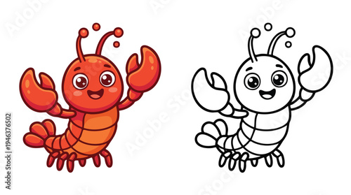 Cute Coloring Book Page with Happy Cartoon Lobster