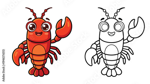 Lobster Cartoon Character Color and Outline for Kids Coloring Book