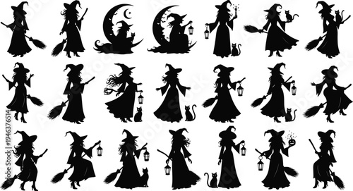 Collection of black witch silhouettes with broomsticks, lanterns, black cats, and crescent moons for Halloween party decor and spooky design