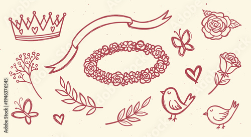 Charming Hand Drawn Floral Elements and Cute Animals for Creative Design