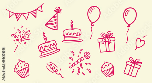 Hand drawn birthday celebration elements doodles in pink on a cream background