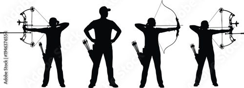 Set of black archer silhouettes featuring male and female athletes with compound and recurve bows, arrows, and quivers for sport