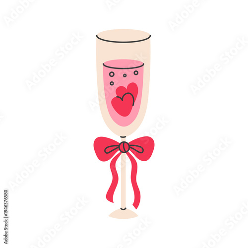 Pink Champagne Glass With Hearts and Bow. Elegant beverage goblet decorated with curly ribbon and bubbles. Feminine celebration drink symbol for festive event and holiday. Vector illustration
