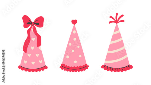 Pink Birthday Party Hats Vector Set. Cute festive celebration headwear illustration collection with ribbon lace and hearts. Girly holiday accessories for joyful event and cheerful anniversary 