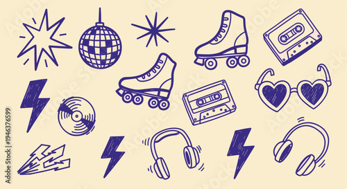 Retro 80s 90s doodles set with roller skates disco ball cassette tapes and headphones
