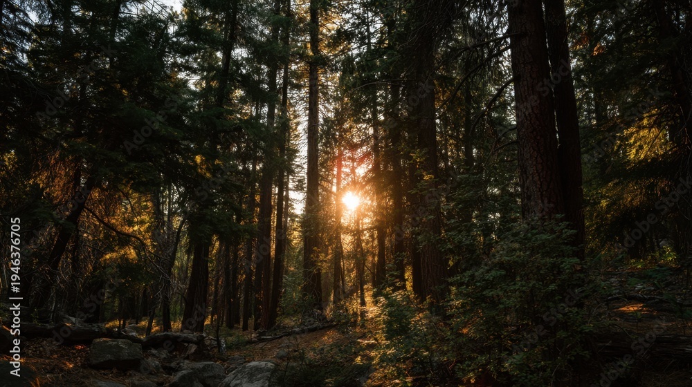 Obraz premium Serene Sunrise in a Dense Forest with Sunlight Filtering Through Tall Evergreen Trees