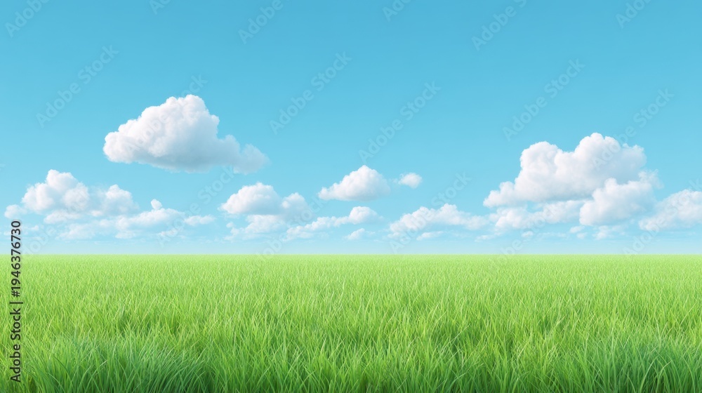 Obraz premium Lush Green Grass Field Under Bright Blue Sky with Fluffy White Clouds in a Tranquil Natural Landscape Setting