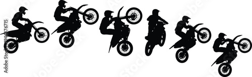 Set of black motocross silhouettes featuring dirt bike riders performing stunts, jumps, wheelies, and extreme freestyle tricks for action sports