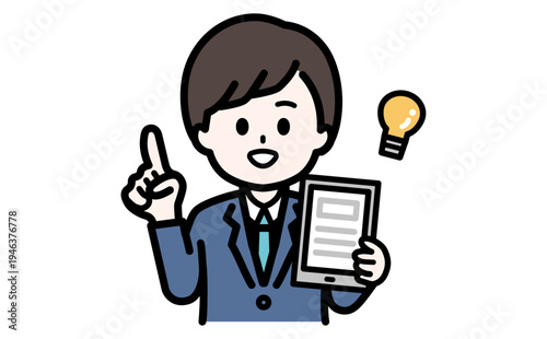 タブレットを持ちアイデアを説明するビジネスマンのイラスト