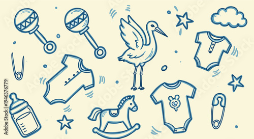 Cute baby shower doodles including stork, baby clothes, rattle, rocking horse, and safety pins on a cream background
