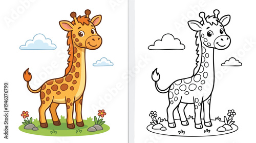 Coloring Book Page Cute Cartoon Giraffe Standing on Grass with Flowers