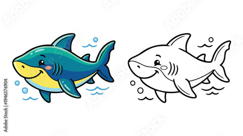 Cute Happy Shark Coloring Book Page and Colored Stock Illustration