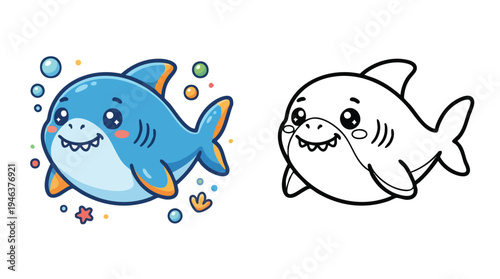 Cute Coloring Page of a Cartoon Baby Shark Underwater with Bubbles
