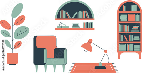 Flat Vector Illustration Set of Cozy Living Room Furniture Elements Including Armchair Bookshelf Desk Lamp Houseplant and Rug Isolated on White Background for Interior Design