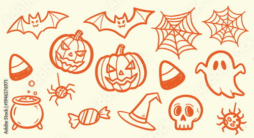 Halloween illustration with pumpkins bats ghost spider web cauldron candy and skull