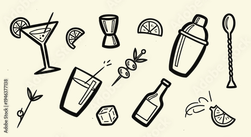 Cocktail ingredients and bar tools hand drawn illustration on beige background