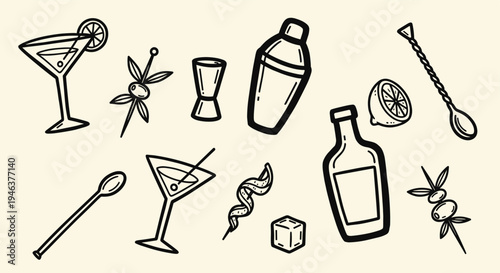 Hand Drawn Cocktail Bar Elements Collection For Drinks Preparation