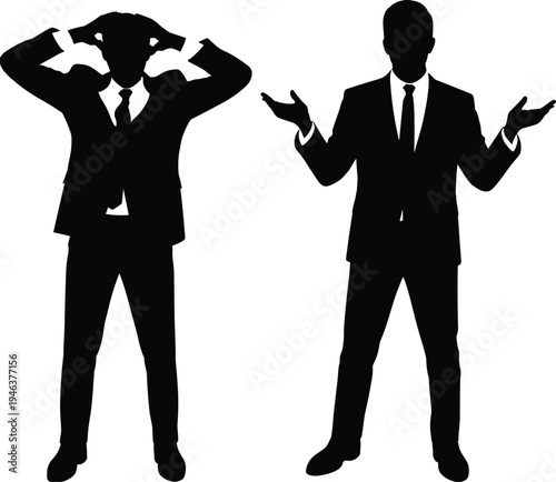Black silhouette of stressed businessman holding head and confused executive shrugging shoulders, representing business failure, financial crisis, stress, and professional frustration.