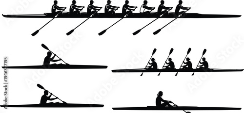 Black silhouette of rowing team in boat, athletes kayaking, concept of teamwork, competition, water sports, coordination, fitness, training, and collective success.