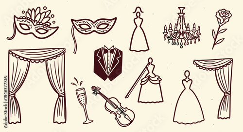 Elegant Masquerade Ball Elements Collection Vintage Style Hand Drawn Icons