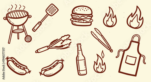 Barbecue Grill and Food Icons Hand Drawn Sketch Style
