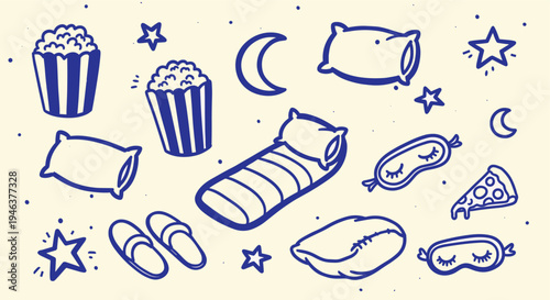 Cozy sleepover night with popcorn, pizza, sleeping bag, and starry sky elements