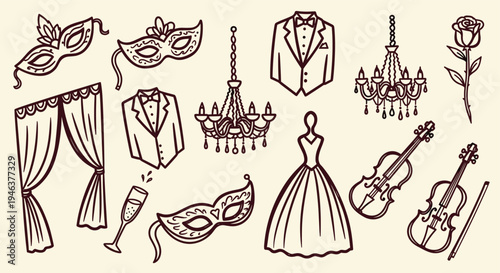 Elegant Masquerade Ball Elements Collection Vintage Style Hand Drawn Icons