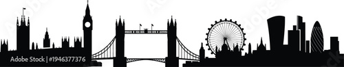 London skyline silhouette panorama featuring Big Ben, Tower Bridge, London Eye and modern skyscrapers, black vector illustration isolated for travel tourism, urban architecture and landmark design